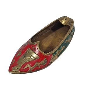 Vintage Brass Enamel Oriental Ashtray Slipper Incense Burner